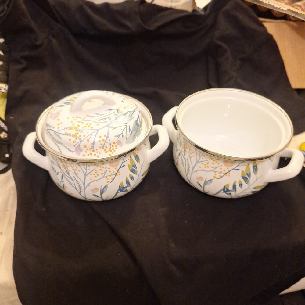Crofton 1 Qt Enameled Steel Pot Floral with Lid Double Handles 2 Pots One Lid